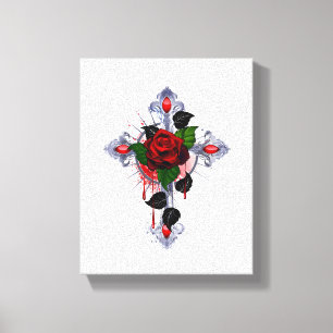 Silberkreuz mit Rote Rose Leinwanddruck