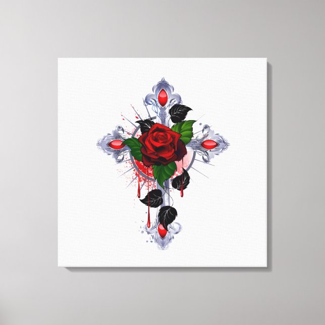 Silberkreuz mit Rote Rose Leinwanddruck (Vorderseite)