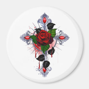 Silberkreuz mit Rote Rose Magnet