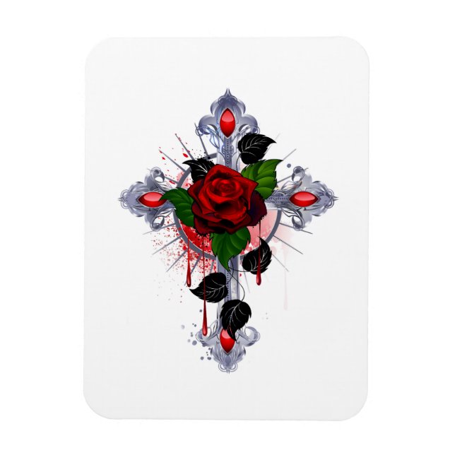 Silberkreuz mit Rote Rose Magnet (Vertikal)