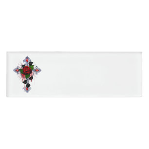 Silberkreuz mit Rote Rose Namenschild