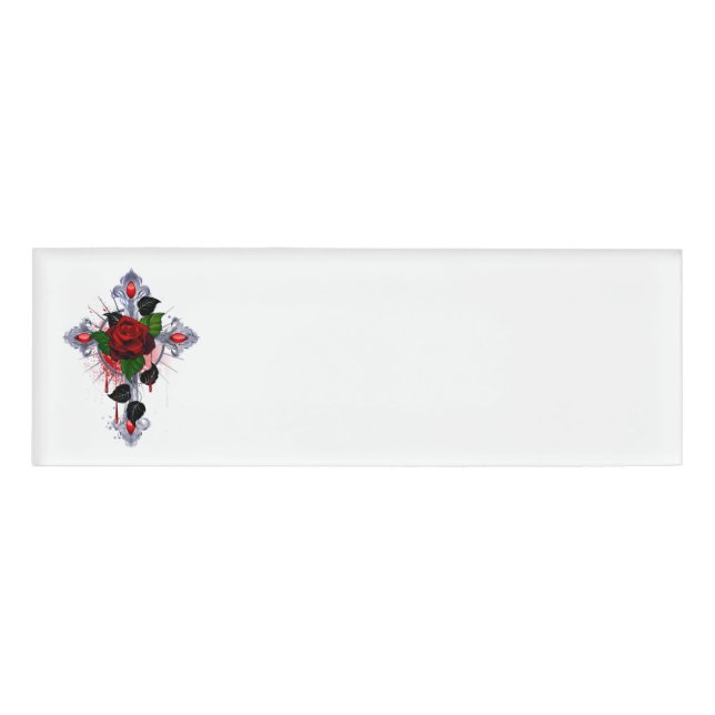 Silberkreuz mit Rote Rose Namenschild (Vorderseite)
