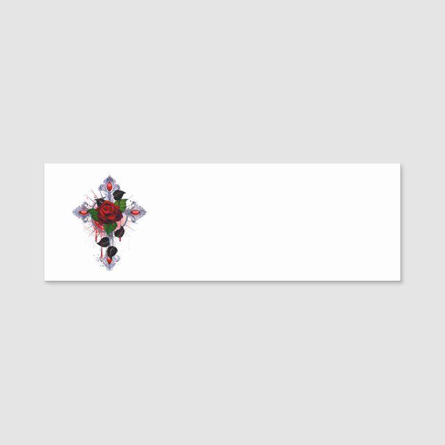 Silberkreuz mit Rote Rose Namensschild (Vorderseite)