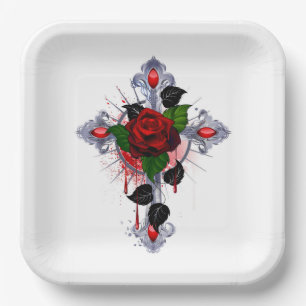Silberkreuz mit Rote Rose Pappteller