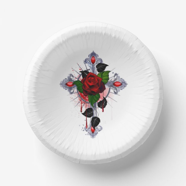 Silberkreuz mit Rote Rose Pappteller (Vorderseite)