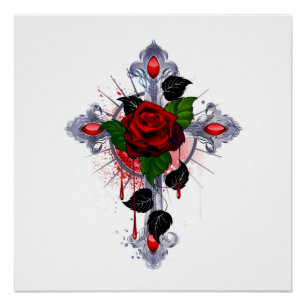 Silberkreuz mit Rote Rose Poster
