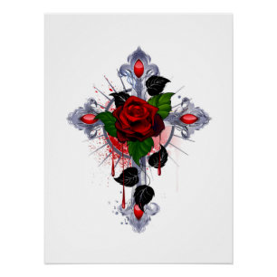 Silberkreuz mit Rote Rose Poster
