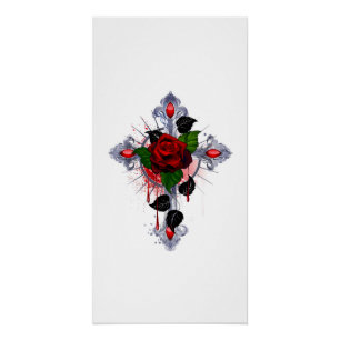 Silberkreuz mit Rote Rose Poster