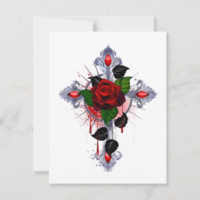 Silberkreuz mit Rote Rose RSVP Karte (Vorderseite)