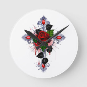 Silberkreuz mit Rote Rose Runde Wanduhr