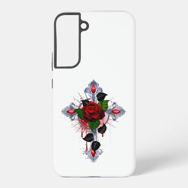 Silberkreuz mit Rote Rose Samsung Galaxy Hülle (Rückseite)