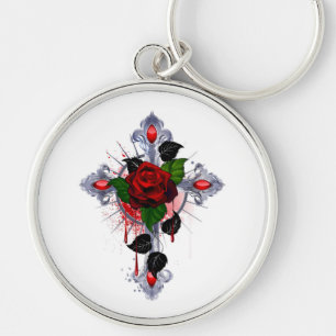 Silberkreuz mit Rote Rose Schlüsselanhänger