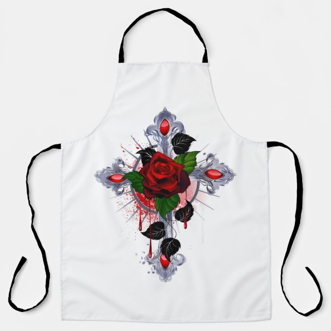 Silberkreuz mit Rote Rose Schürze (Vorderseite)