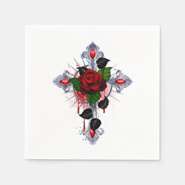 Silberkreuz mit Rote Rose Serviette (Vorderseite)
