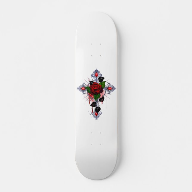 Silberkreuz mit Rote Rose Skateboard (Vorne)