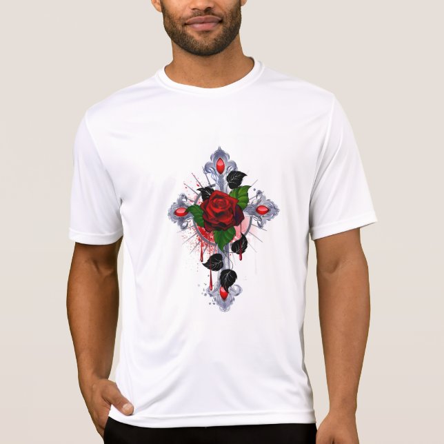 Silberkreuz mit Rote Rose T-Shirt (Vorderseite)