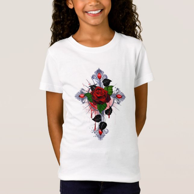 Silberkreuz mit Rote Rose T-Shirt (Vorderseite)