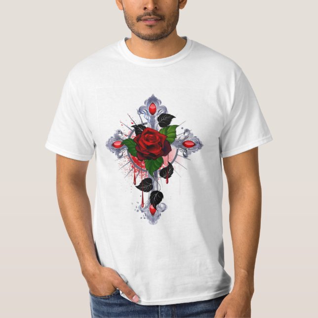 Silberkreuz mit Rote Rose T-Shirt (Vorderseite)