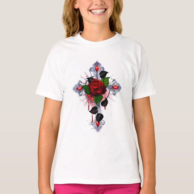 Silberkreuz mit Rote Rose T-Shirt (Vorderseite)