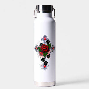 Silberkreuz mit Rote Rose Trinkflasche