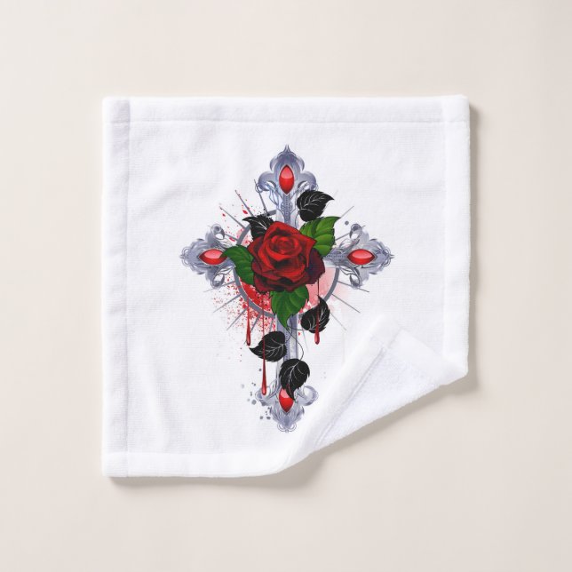 Silberkreuz mit Rote Rose Waschlappen (Waschlappen)