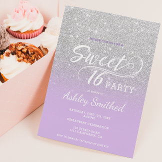 Silberlavender Glitzer ombre lila Sweet 16 Einladung