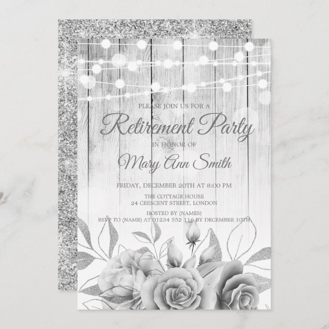Silberleuchten und Blume Rustikales Ruhestand-Part Einladung (Vorne/Hinten)