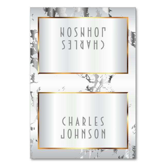 Silbermarmor, Gold und Weißseil - Platzkarten Tischnummer (Vorderseite)