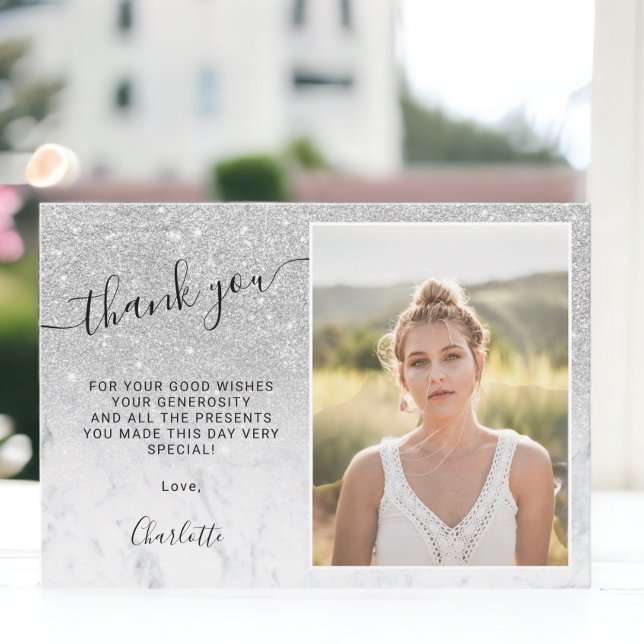 Silbermarmor ombre 3 Fotos Sweet 16 Dankeskarte (Silver glitter marble ombre 3 photos Sweet 16 Thank You Card)
