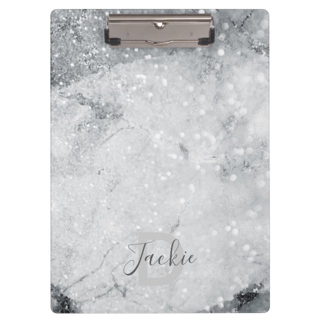 Silbermarmor und Glitzer Sparkle Mit Monogramm Klemmbrett (Vorderseite)