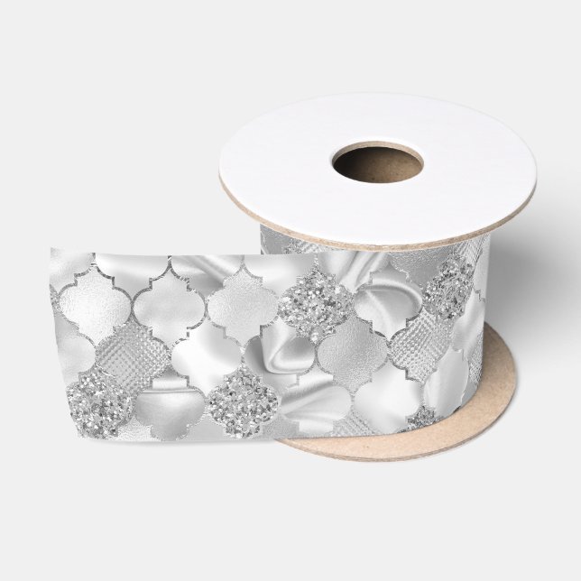 Silbermarokkanisches Quatrefolienmuster Satinband (Spule)