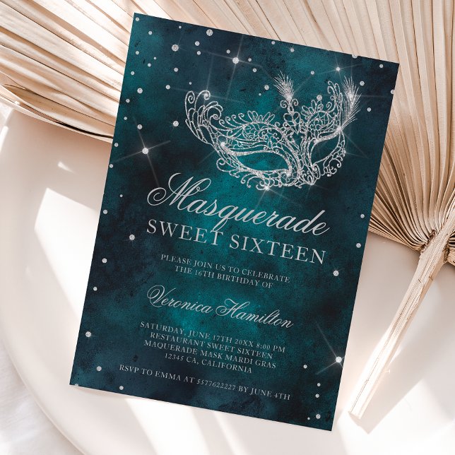 Silbermaskenmaske für Glitzer aquamarin grün Sweet Einladung (Silver glitter masquerade mask teal green Sweet 16 Invitation)