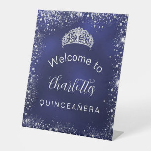 Silbermedaille willkommen im Glitzer Quinceanera Sockelschild