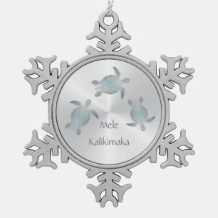 Silbermeerschildkröte Mele Kalikimaka Hawaiisc Schneeflocken Zinn-Ornament