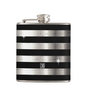 Silbermetall und schwarzer Streifen   DIY Monogram Flachmann