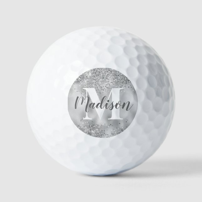 Silbermetallischer Glitzer mit weißer Monogramm Golfball (Vorderseite)