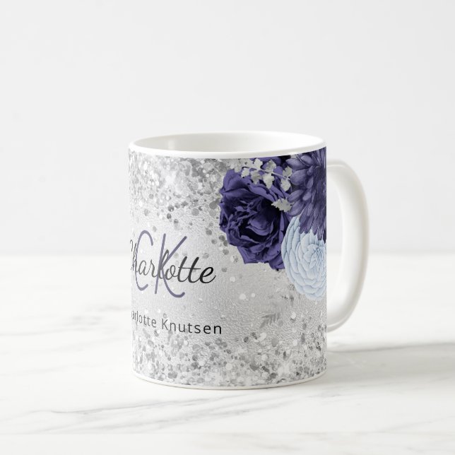 Silbernaveblasblauer Blütenblattmuster, eleganter  Kaffeetasse (VorderseiteRechts)