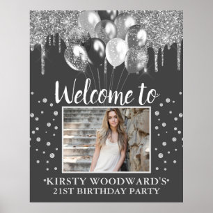 Silbernder tropfender Glitzer mit Ballons zum Gebu Poster
