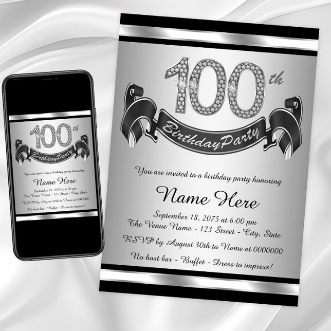 Silberne 100. Geburtstagsparty Einladung (100th birthday party invitation. Digital download and printed invitations available.)