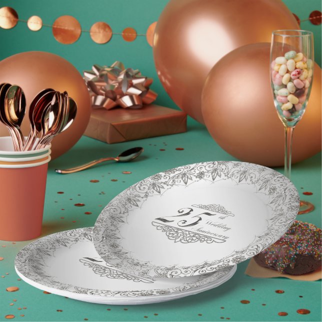 Silberne 25-jährige Jubiläumszeitung geblüht Pappteller (Multi)