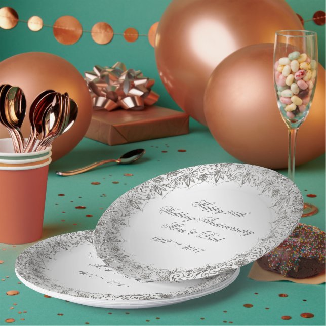 Silberne 25-jährige Jubiläumszeitung geblüht Pappteller (Multi)