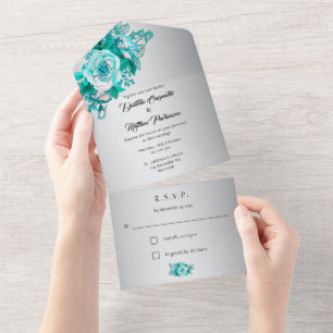 Silberne Aqua Rose All-in-One Hochzeitseinladung All In One Einladung