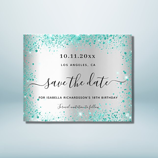 Silberne aquamarine Glitzer Save the Date Flyer (Von Creator hochgeladen)