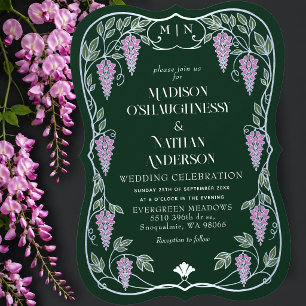 Silberne Art Nouveau Pinke Wisteria Hochzeit Einladung