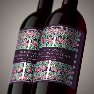 Silberne Aubergine Royal Floral Schwert Hochzeit Weinetikett