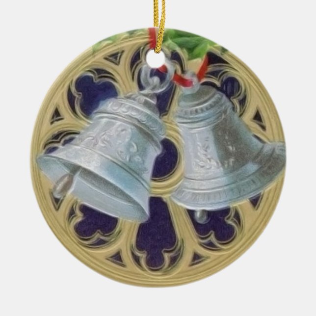 Silberne Bell, Stechpalme und beflecktes Glas Keramikornament (Vorne)
