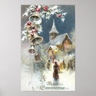 Silberne Bell und Kirchen-Vintages Weihnachten Poster