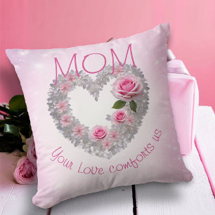 Silberne Blätter Herz und rosa Rose Mama Kissen