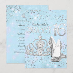 Silberne blaue Glitter-Tiara und -Absätze Sweet 16 Einladung
