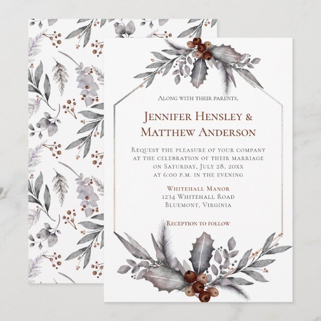 Silberne, blaugraue, rostbraune Winterhochzeit Einladung (Vorne/Hinten)